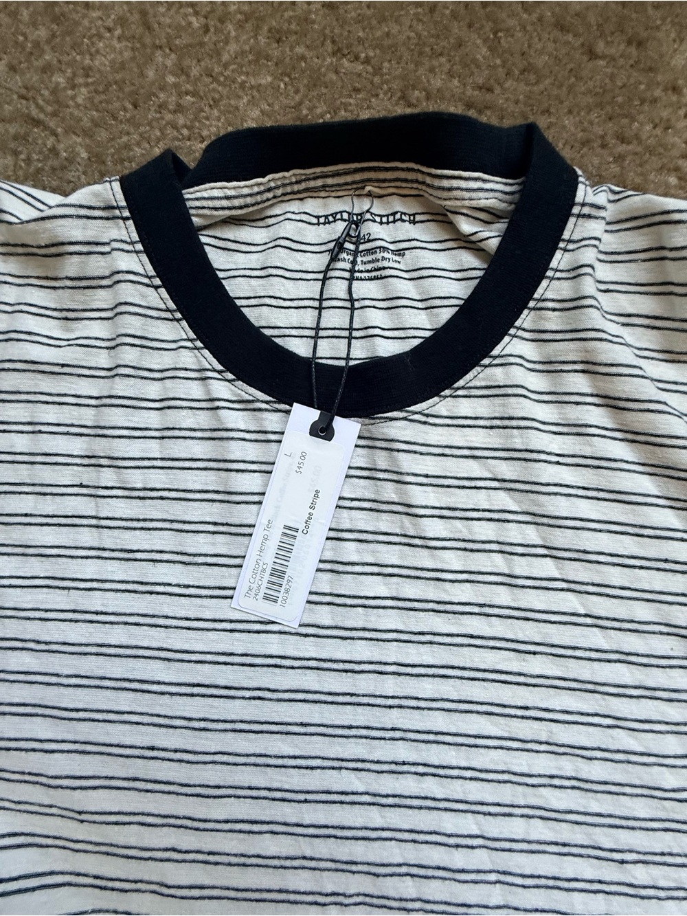 NWT Taylor stitch hemp Striped Crewneck Tee in Cream and Black sz 42 l